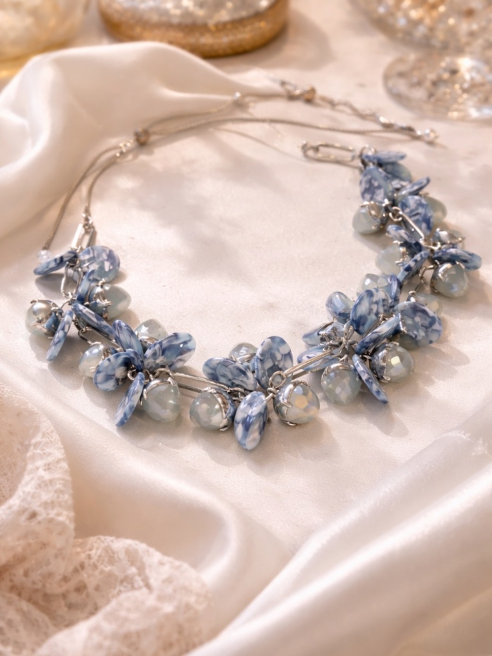 Blue Floral Cluster Statement Bib Necklace
